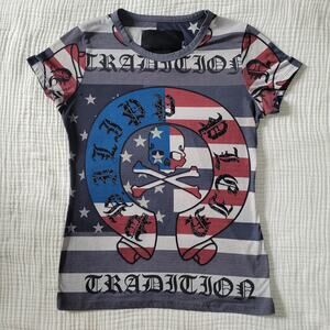 Philipp Plein Womens M Graphic TShirt Stars and Stripes American Flag Skull